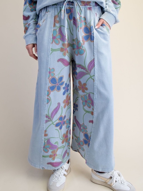 Easel Los Angeles Pants - New Easel Knit Pants Blue Floral Washed Terry Relaxed Wide Leg Pull On Comfort